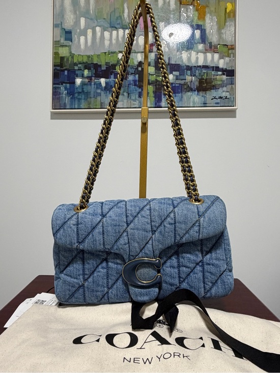 Coach Handbags - Coach Quilted Denim Shoulder Bag with Gold Chain and Dark Hardware - Blue